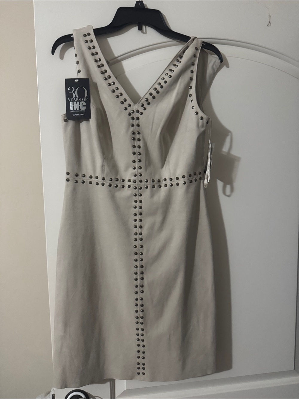 INC International Concepts collection Cream Studded V-Neck Mini Dress like suede